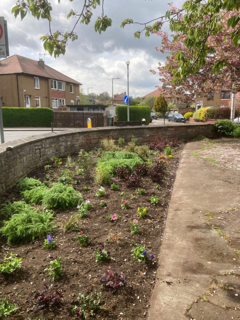 a flower bed at a busy road. It has been freshly weeded.